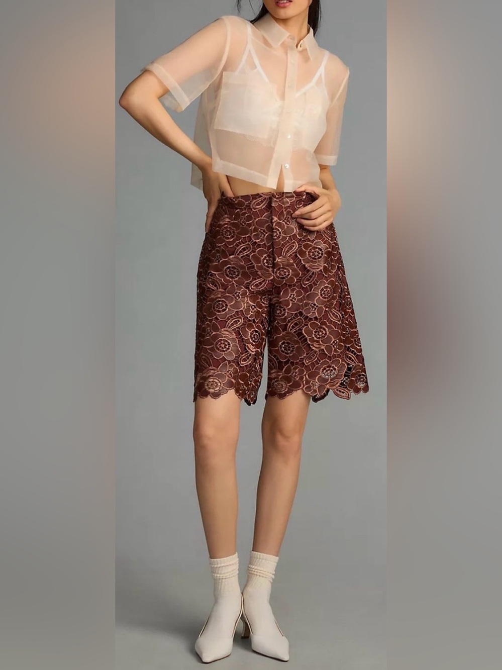 Anthropologie faux leather lace floral shorts Lined. Front zip Chocolate color 6 - Picture 2 of 12